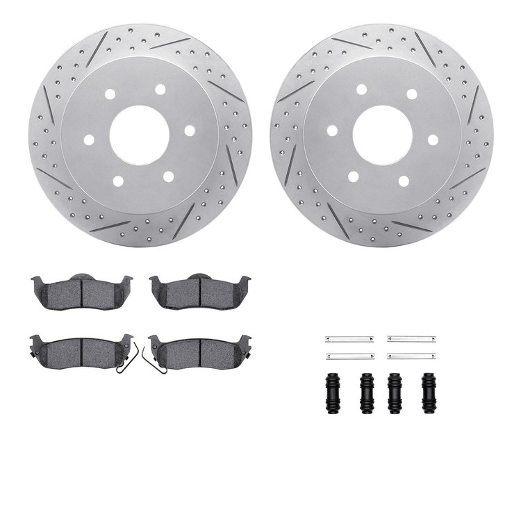2512-67106 Geoperformance Drilled/Slotted Rotors w/5000 Advanced Brake Pads Kit & Hardware, 2004-2015 Infiniti/Nissan, Position:
