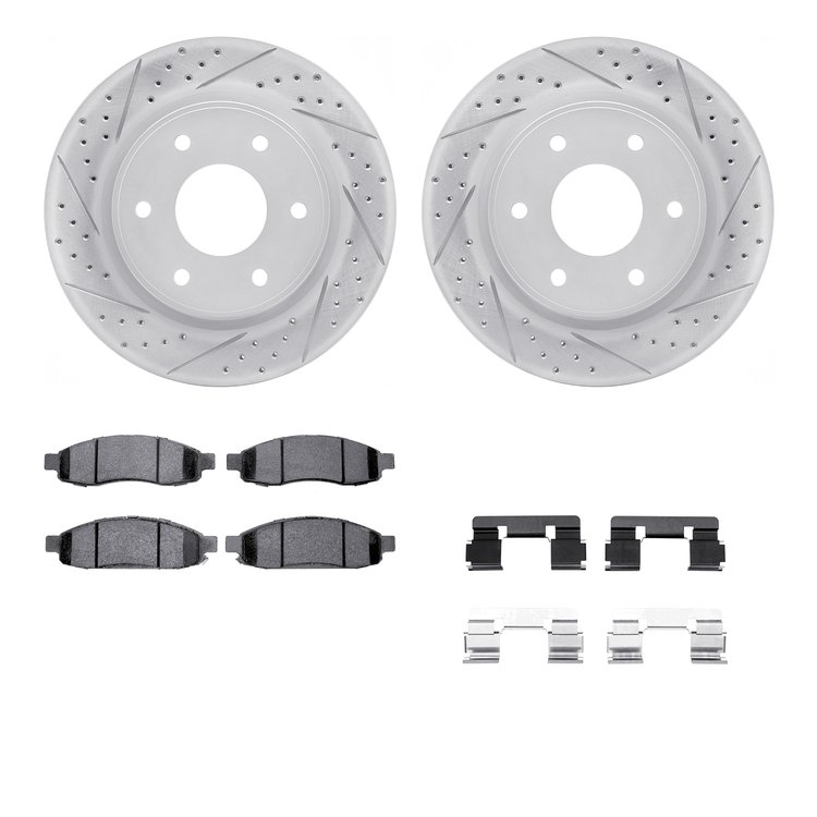 2512-67113 Geoperformance Drilled/Slotted Rotors w/5000 Advanced Brake Pads Kit & Hardware, 2005-2007 Infiniti/Nissan, Position: