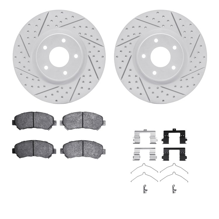 2512-67117 Geoperformance Drilled/Slotted Rotors w/5000 Advanced Brake Pads Kit & Hardware, 2007-2017 Infiniti/Nissan, Position:
