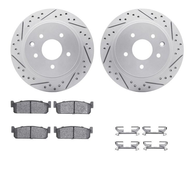 2512-68000 Geoperformance Drilled/Slotted Rotors w/5000 Advanced Brake Pads Kit & Hardware, 2002-2006 Infiniti/Nissan, Position: