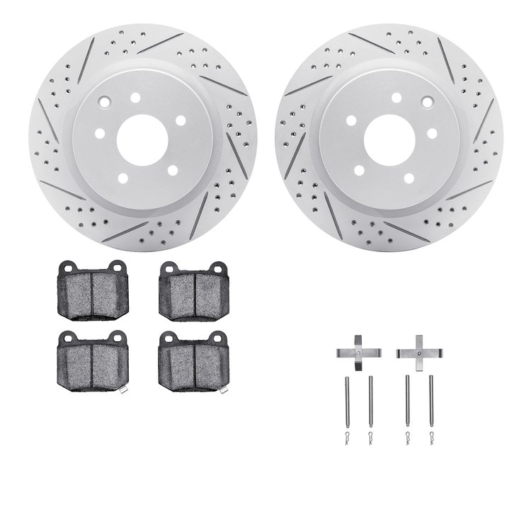 2512-68004 Geoperformance Drilled/Slotted Rotors w/5000 Advanced Brake Pads Kit & Hardware, 2003-2008 Infiniti/Nissan, Position: