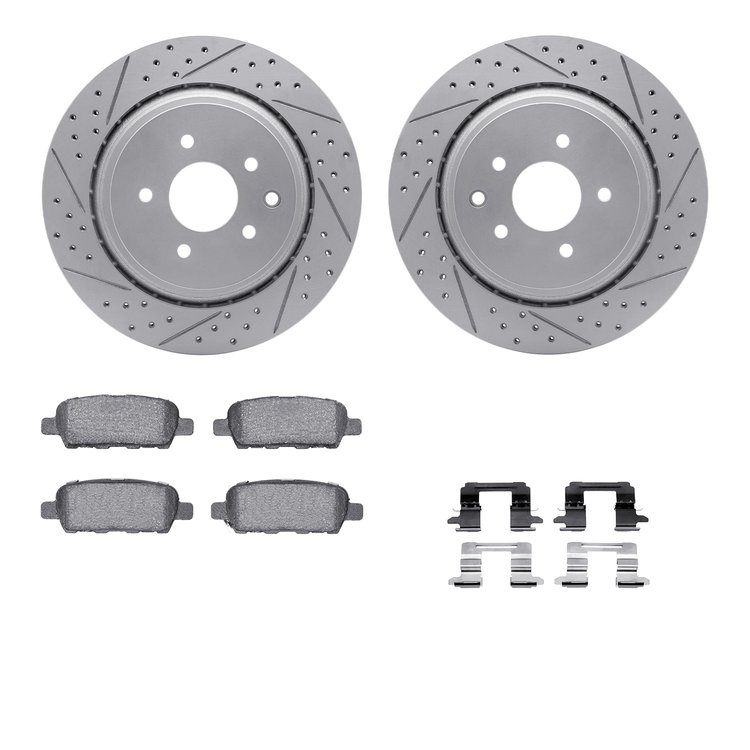 2512-68005 Geoperformance Drilled/Slotted Rotors w/5000 Advanced Brake Pads Kit & Hardware, 2007-2015 Infiniti/Nissan, Position: