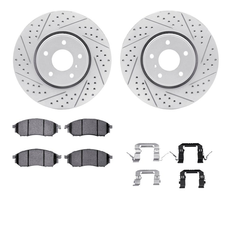 2512-68010 Geoperformance Drilled/Slotted Rotors w/5000 Advanced Brake Pads Kit & Hardware, 2005-2013 Infiniti/Nissan, Position: