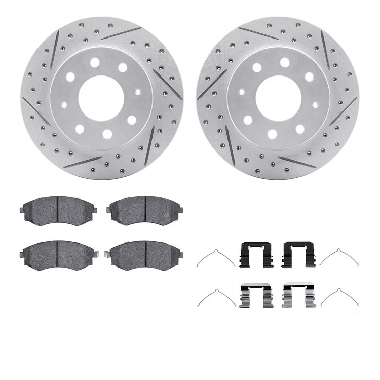 2512-72007 Geoperformance Drilled/Slotted Rotors w/5000 Advanced Brake Pads Kit & Hardware, 1998-2001 Kia/Hyundai/Genesis, Posit