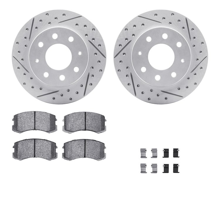 2512-72011 Geoperformance Drilled/Slotted Rotors w/5000 Advanced Brake Pads Kit & Hardware, 2002-2007 Mitsubishi, Position: Fron
