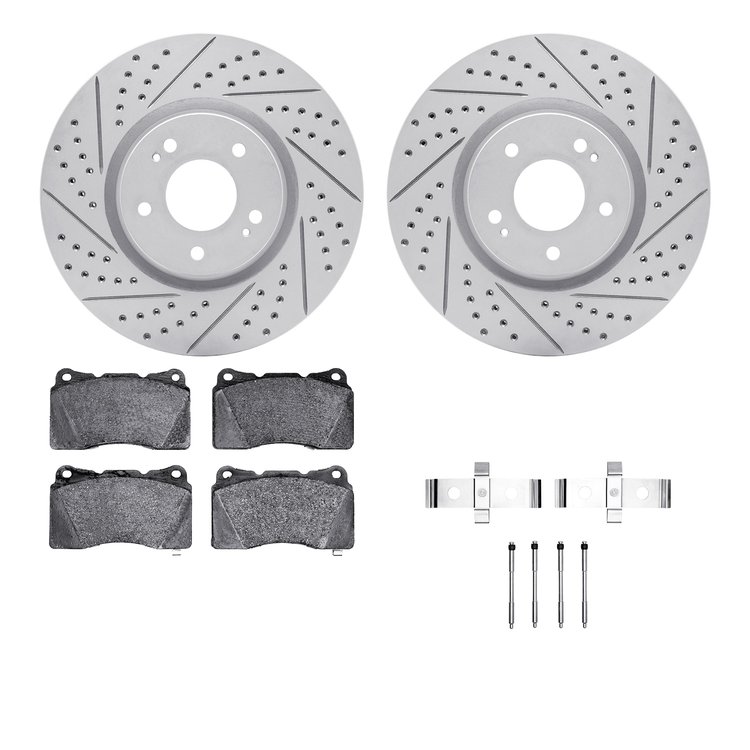 2512-72018 Geoperformance Drilled/Slotted Rotors w/5000 Advanced Brake Pads Kit & Hardware, 2003-2006 Mitsubishi, Position: Fron