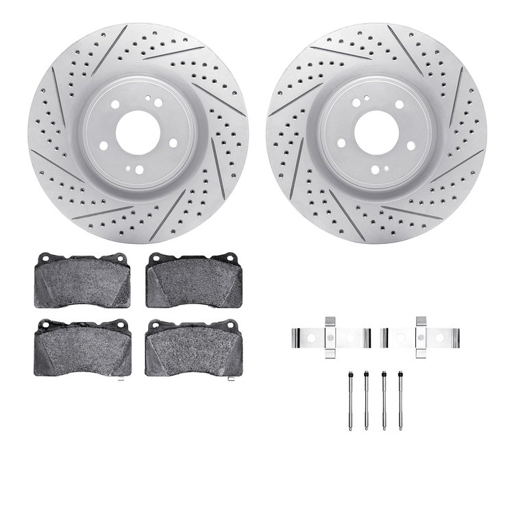2512-72025 Geoperformance Drilled/Slotted Rotors w/5000 Advanced Brake Pads Kit & Hardware, 2008-2015 Mitsubishi, Position: Fron