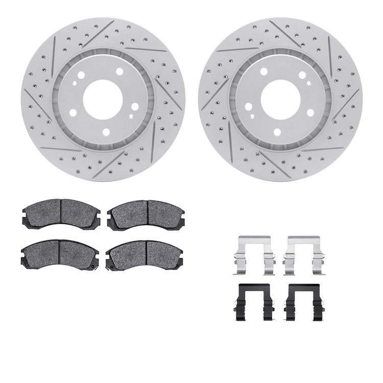 2512-72027 Geoperformance Drilled/Slotted Rotors w/5000 Advanced Brake Pads Kit & Hardware, 2009-2015 Mitsubishi, Position: Fron