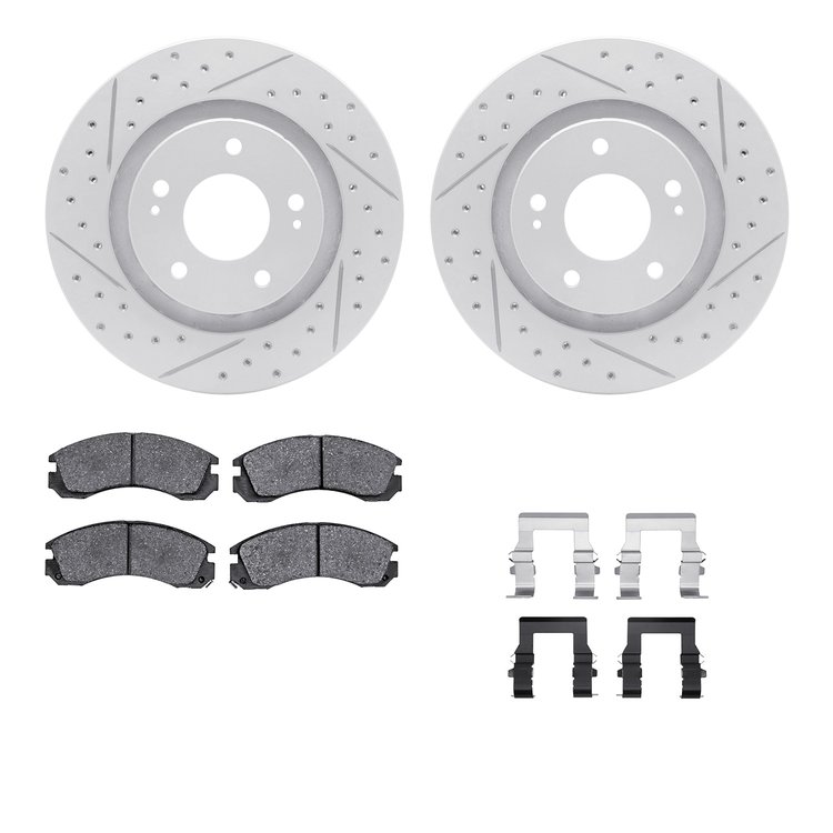 2512-72045 Geoperformance Drilled/Slotted Rotors w/5000 Advanced Brake Pads Kit & Hardware, Fits Select Mitsubishi, Position: Fr