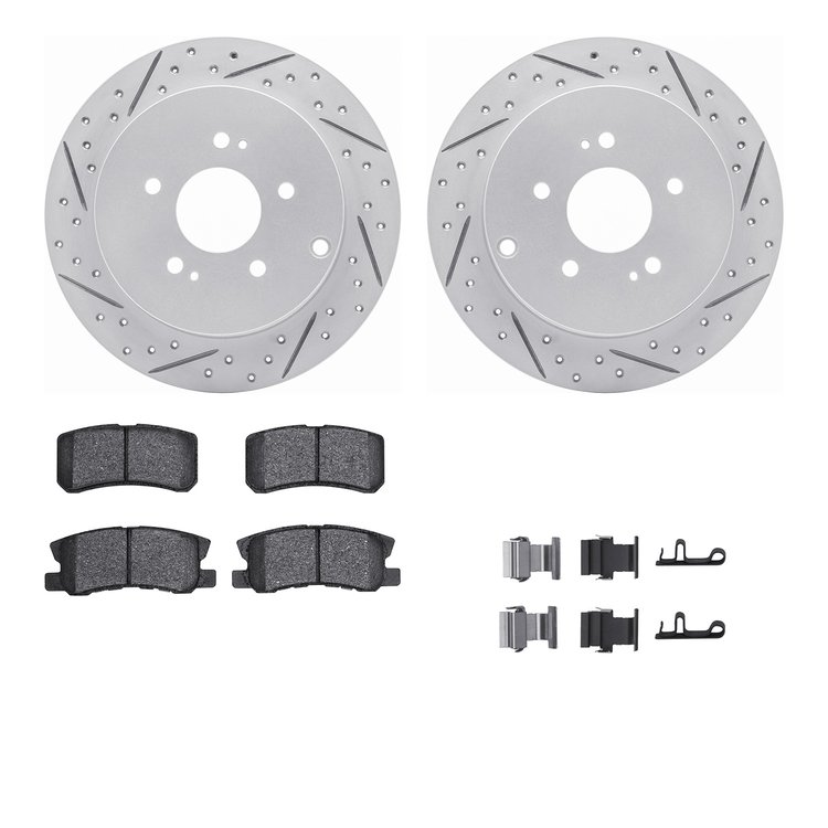2512-72074 Geoperformance Drilled/Slotted Rotors w/5000 Advanced Brake Pads Kit & Hardware, 2004-2011 Mitsubishi, Position: Rear