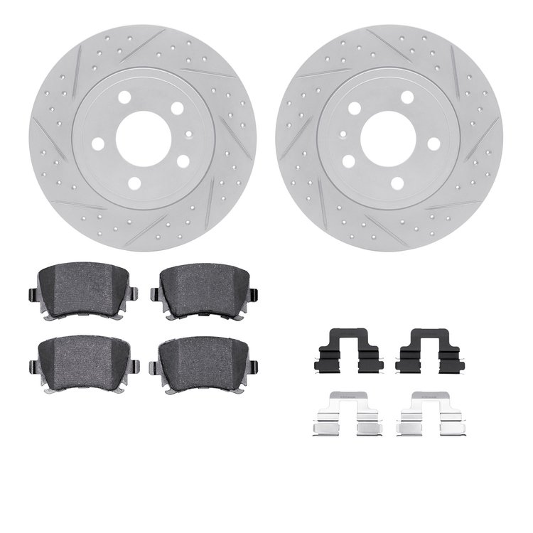 2512-73025 Geoperformance Drilled/Slotted Rotors w/5000 Advanced Brake Pads Kit & Hardware, 2005-2009 Audi/Volkswagen, Position: