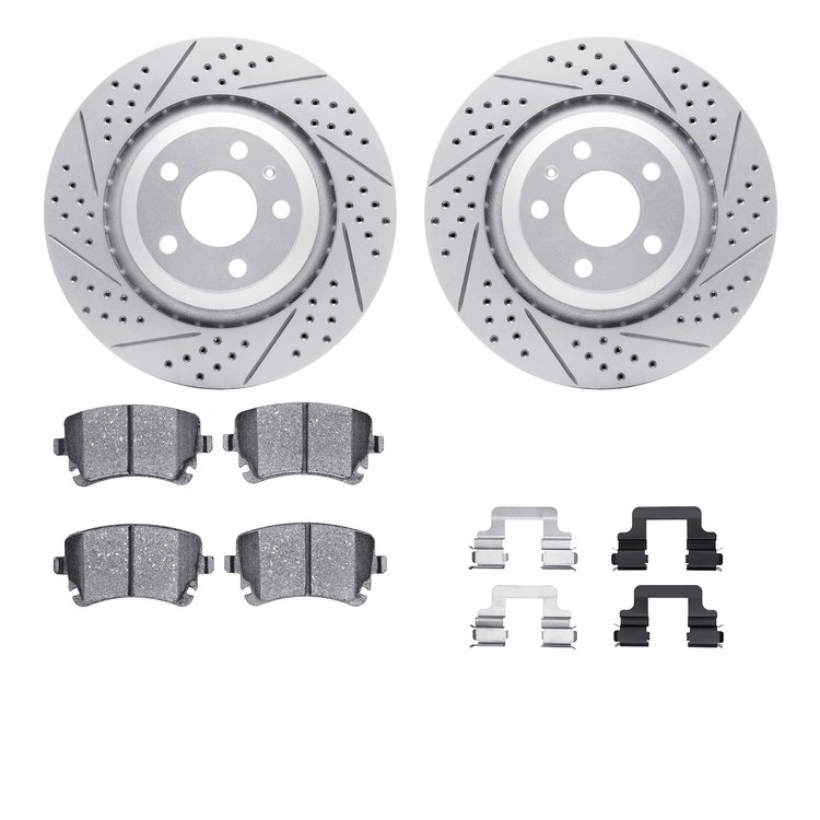 2512-73027 Geoperformance Drilled/Slotted Rotors w/5000 Advanced Brake Pads Kit & Hardware, 2005-2011 Audi/Volkswagen, Position: