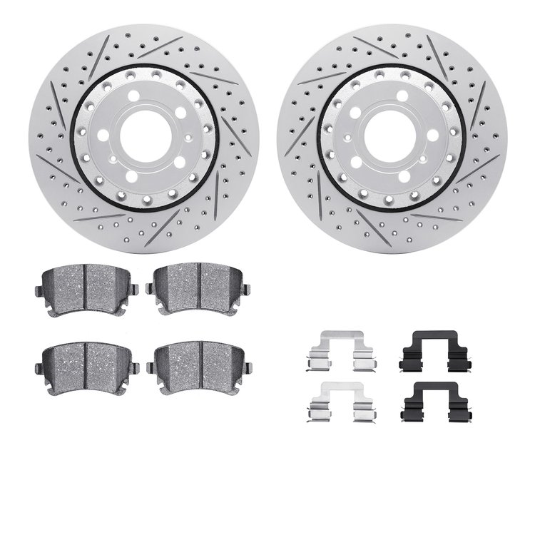 2512-73028 Geoperformance Drilled/Slotted Rotors w/5000 Advanced Brake Pads Kit & Hardware, 2004-2010 Audi/Volkswagen, Position: