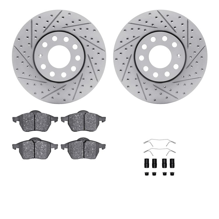 2512-73030 Geoperformance Drilled/Slotted Rotors w/5000 Advanced Brake Pads Kit & Hardware, 1996-1999 Audi/Volkswagen, Position: