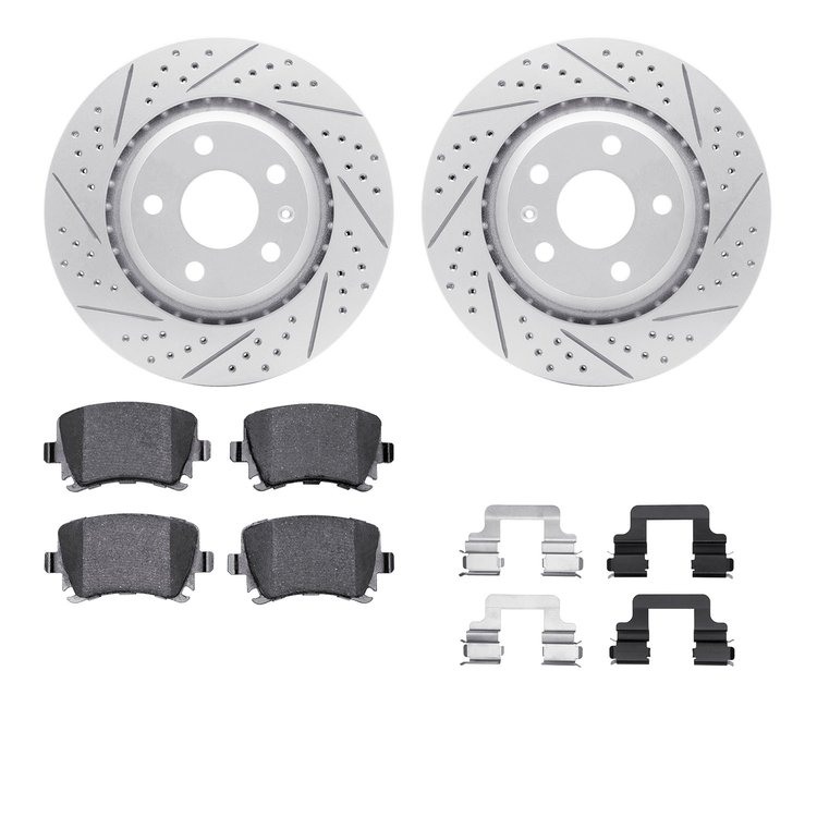2512-73047 Geoperformance Drilled/Slotted Rotors w/5000 Advanced Brake Pads Kit & Hardware, 2008-2015 Audi/Volkswagen, Position:
