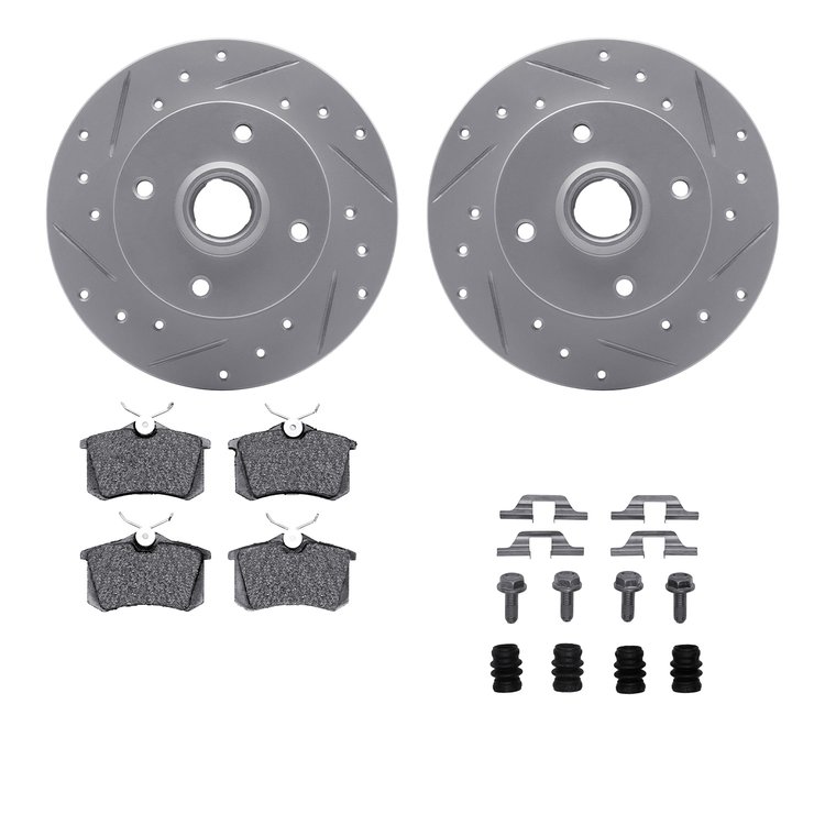 2512-74004 Geoperformance Drilled/Slotted Rotors w/5000 Advanced Brake Pads Kit & Hardware, 1999-1999 Audi/Volkswagen, Position: