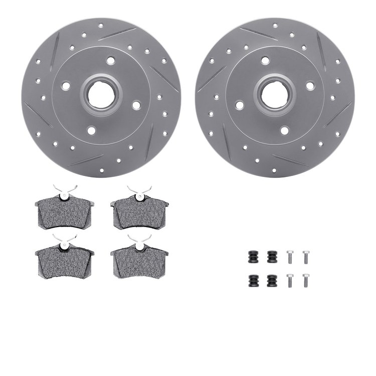 2512-74005 Geoperformance Drilled/Slotted Rotors w/5000 Advanced Brake Pads Kit & Hardware, 1997-1998 Audi/Volkswagen, Position: