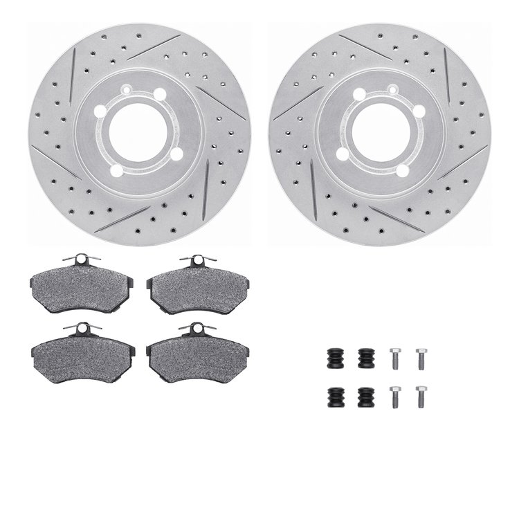 2512-74008 Geoperformance Drilled/Slotted Rotors w/5000 Advanced Brake Pads Kit & Hardware, 1993-1993 Audi/Volkswagen, Position: