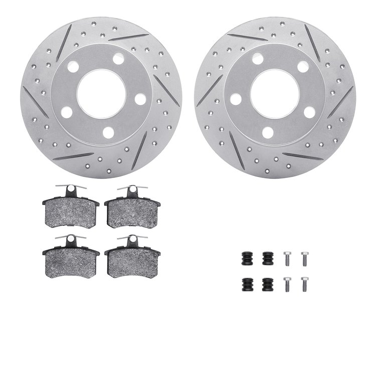 2512-74009 Geoperformance Drilled/Slotted Rotors w/5000 Advanced Brake Pads Kit & Hardware, 1992-1998 Audi/Volkswagen, Position: