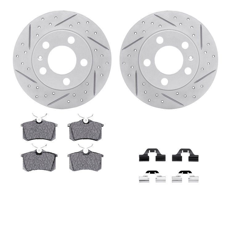 2512-74020 Geoperformance Drilled/Slotted Rotors w/5000 Advanced Brake Pads Kit & Hardware, 1999-2006 Audi/Volkswagen, Position: