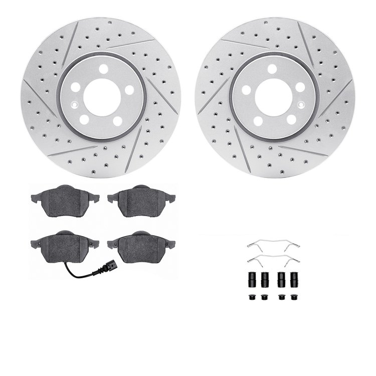 2512-74025 Geoperformance Drilled/Slotted Rotors w/5000 Advanced Brake Pads Kit & Hardware, 1999-2010 Audi/Volkswagen, Position:
