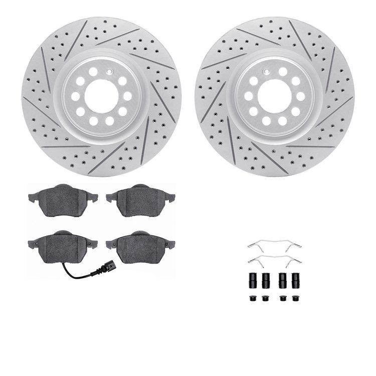 2512-74030 Geoperformance Drilled/Slotted Rotors w/5000 Advanced Brake Pads Kit & Hardware, 2001-2006 Audi/Volkswagen, Position: