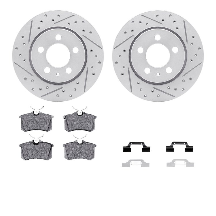 2512-74034 Geoperformance Drilled/Slotted Rotors w/5000 Advanced Brake Pads Kit & Hardware, 2003-2006 Audi/Volkswagen, Position: