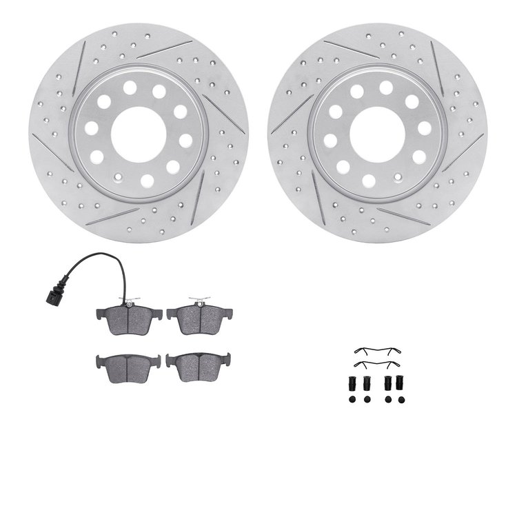 2512-74056 Geoperformance Drilled/Slotted Rotors w/5000 Advanced Brake Pads Kit & Hardware, 2017-2019 Audi/Volkswagen, Position: