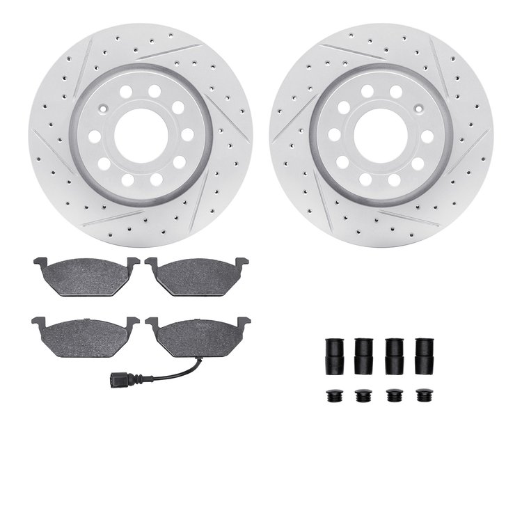 2512-74057 Geoperformance Drilled/Slotted Rotors w/5000 Advanced Brake Pads Kit & Hardware, 2011-2015 Audi/Volkswagen, Position: