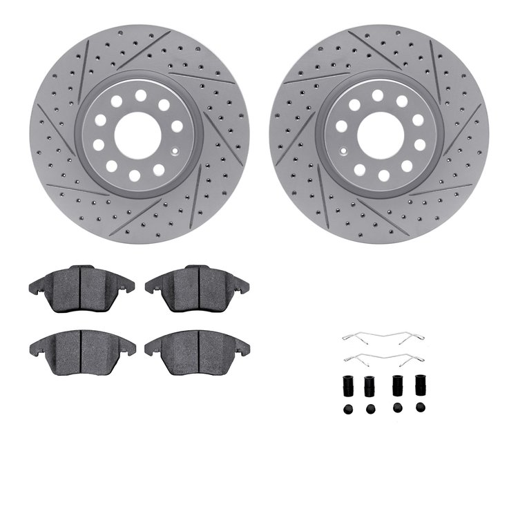 2512-74069 Geoperformance Drilled/Slotted Rotors w/5000 Advanced Brake Pads Kit & Hardware, 2005-2018 Audi/Volkswagen, Position: