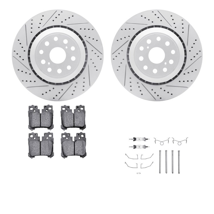 2512-75080 Geoperformance Drilled/Slotted Rotors w/5000 Advanced Brake Pads Kit & Hardware, 2007-2017 Lexus/Toyota/Scion, Positi