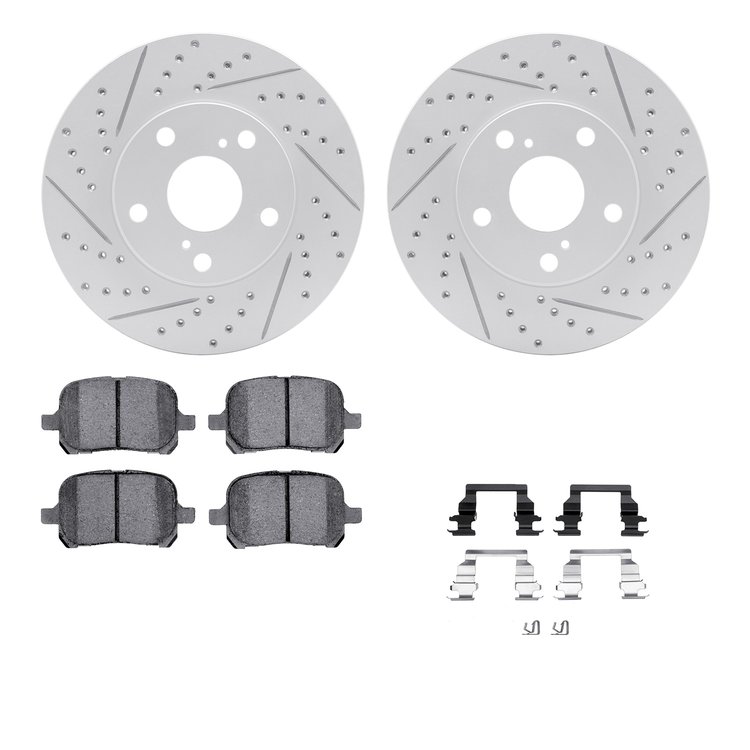 2512-76004 Geoperformance Drilled/Slotted Rotors w/5000 Advanced Brake Pads Kit & Hardware, 1997-2004 Lexus/Toyota/Scion, Positi