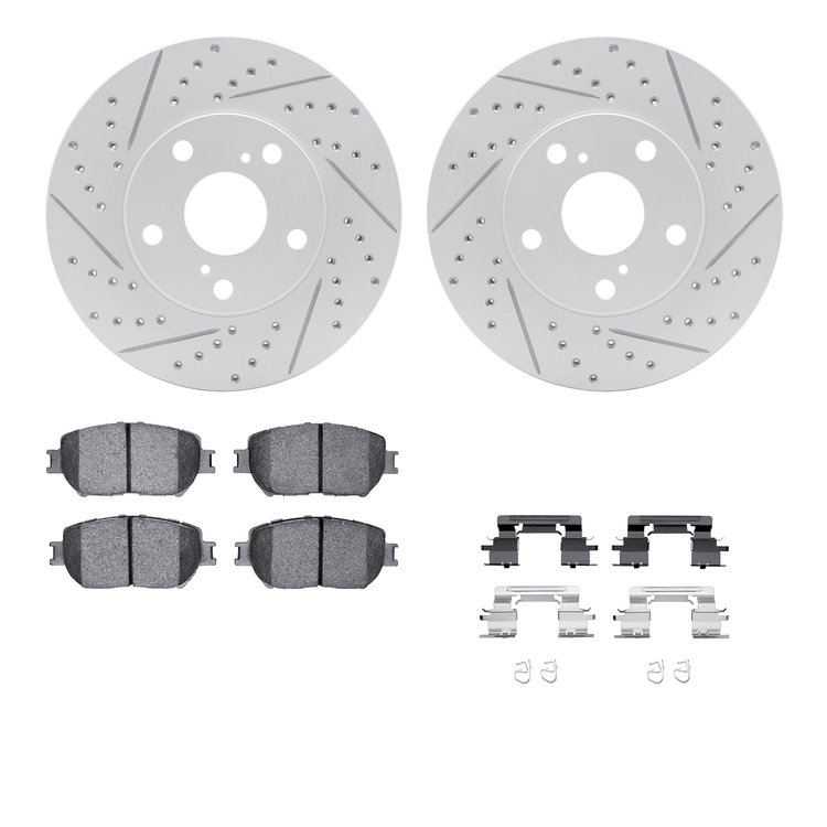 2512-76005 Geoperformance Drilled/Slotted Rotors w/5000 Advanced Brake Pads Kit & Hardware, 2002-2006 Lexus/Toyota/Scion, Positi