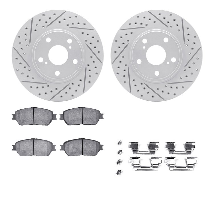2512-76011 Geoperformance Drilled/Slotted Rotors w/5000 Advanced Brake Pads Kit & Hardware, 2003-2006 Lexus/Toyota/Scion, Positi