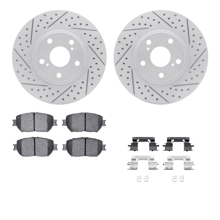 2512-76012 Geoperformance Drilled/Slotted Rotors w/5000 Advanced Brake Pads Kit & Hardware, 2004-2004 Lexus/Toyota/Scion, Positi