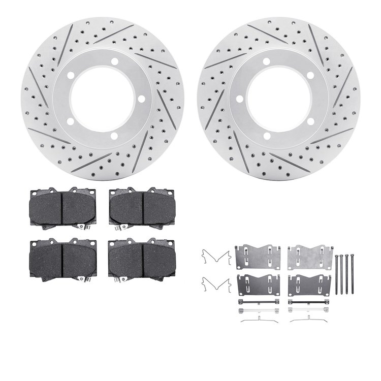 2512-76115 Geoperformance Drilled/Slotted Rotors w/5000 Advanced Brake Pads Kit & Hardware, 1998-2007 Lexus/Toyota/Scion, Positi