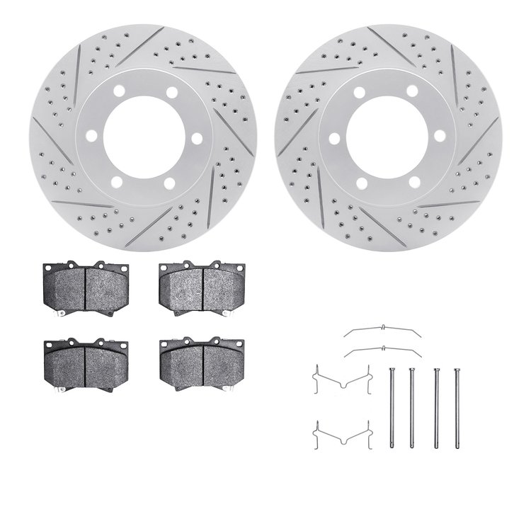 2512-76117 Geoperformance Drilled/Slotted Rotors w/5000 Advanced Brake Pads Kit & Hardware, 2000-2002 Lexus/Toyota/Scion, Positi