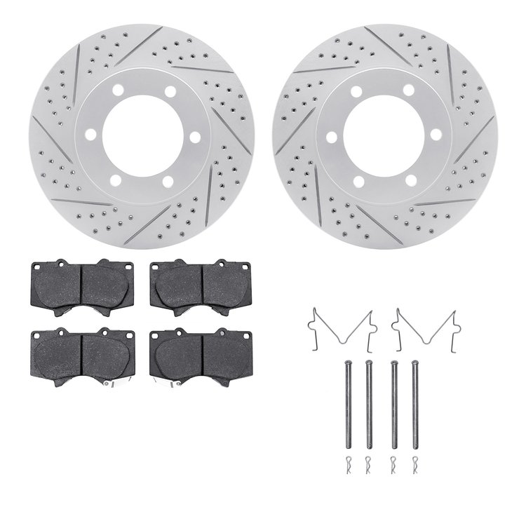 2512-76145 Geoperformance Drilled/Slotted Rotors w/5000 Advanced Brake Pads Kit & Hardware, 2000-2007 Lexus/Toyota/Scion, Positi