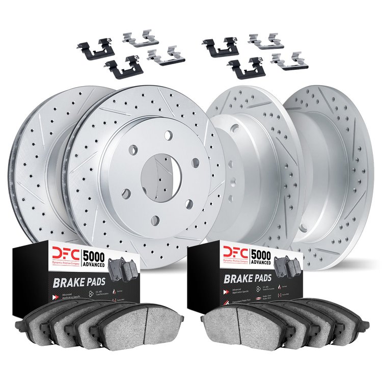 2514-21016 Geoperformance Drilled/Slotted Rotors w/5000 Advanced Brake Pads Kit & Hardware, 2009-2010 Kia/Hyundai/Genesis, Posit