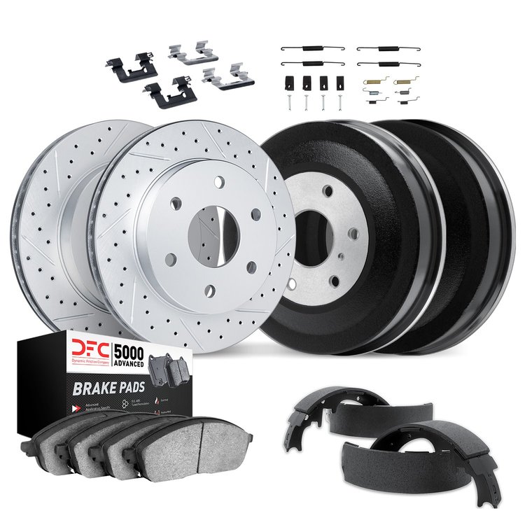 2514-47213 Geoperformance Drilled/Slotted Rotors w/5000 Advanced Brake Pads/Drums/Shoes & Hardware Kit, 1988-2000 GM, Position: