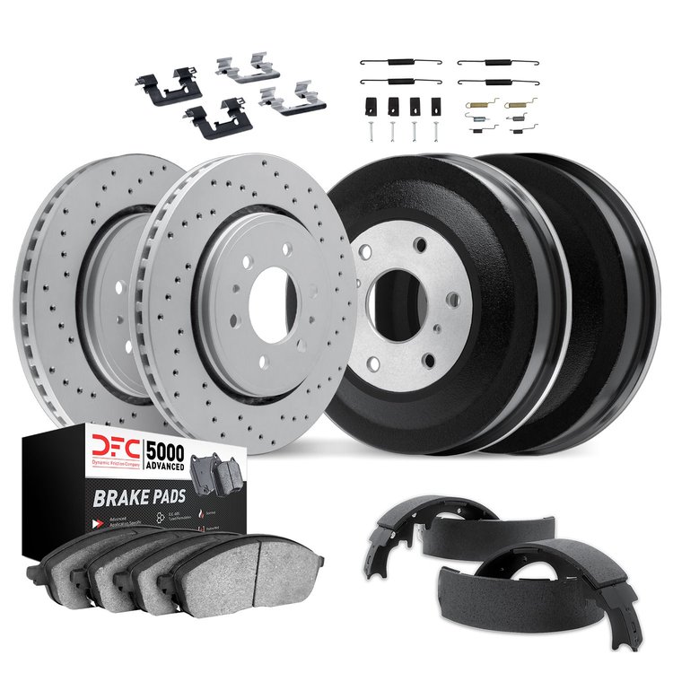 2514-47281 Geoperformance Drilled Brake Rotors w/5000 Advanced Brake Pads/Drums/Shoes & Hardware Kit, 2004-2008 GM, Position: Fr