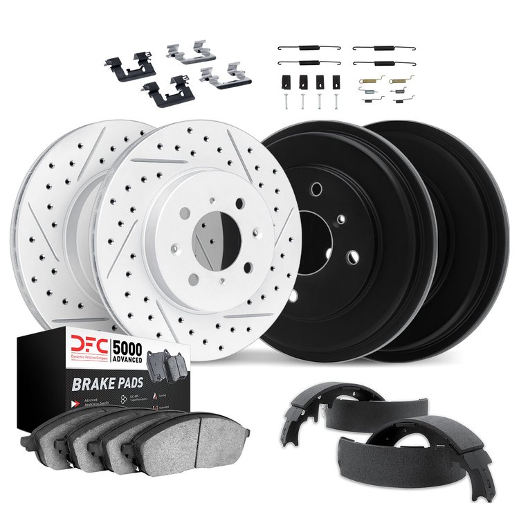 2514-67040 Geoperformance Drilled/Slotted Rotors w/5000 Advanced Brake Pads/Drums/Shoes & Hardware Kit, 2007-2014 Infiniti/Nissa