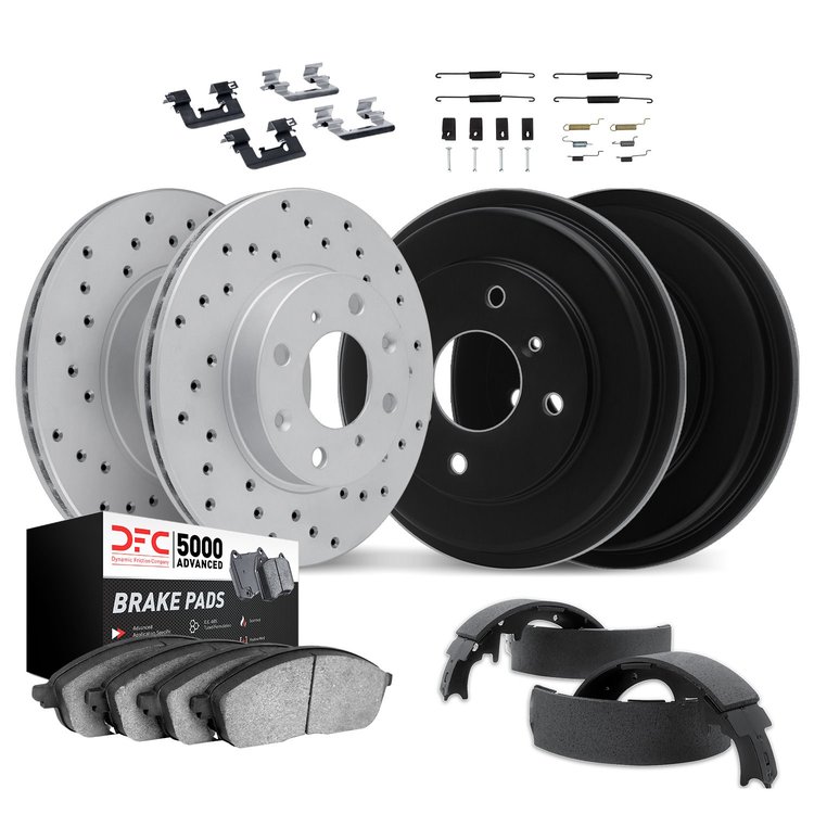 2514-67045 Geoperformance Drilled Brake Rotors w/5000 Advanced Brake Pads/Drums/Shoes & Hardware Kit, 2007-2017 Infiniti/Nissan,