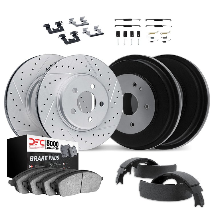 2514-67049 Geoperformance Drilled/Slotted Rotors w/5000 Advanced Brake Pads/Drums/Shoes & Hardware Kit, 2013-2021 Multiple Makes