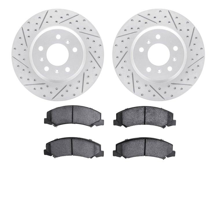 2602-45003 Geoperformance Drilled/Slotted Rotors w/5000 Euro Ceramic Brake Pads Kit, 2006-2016 GM, Position: Front
