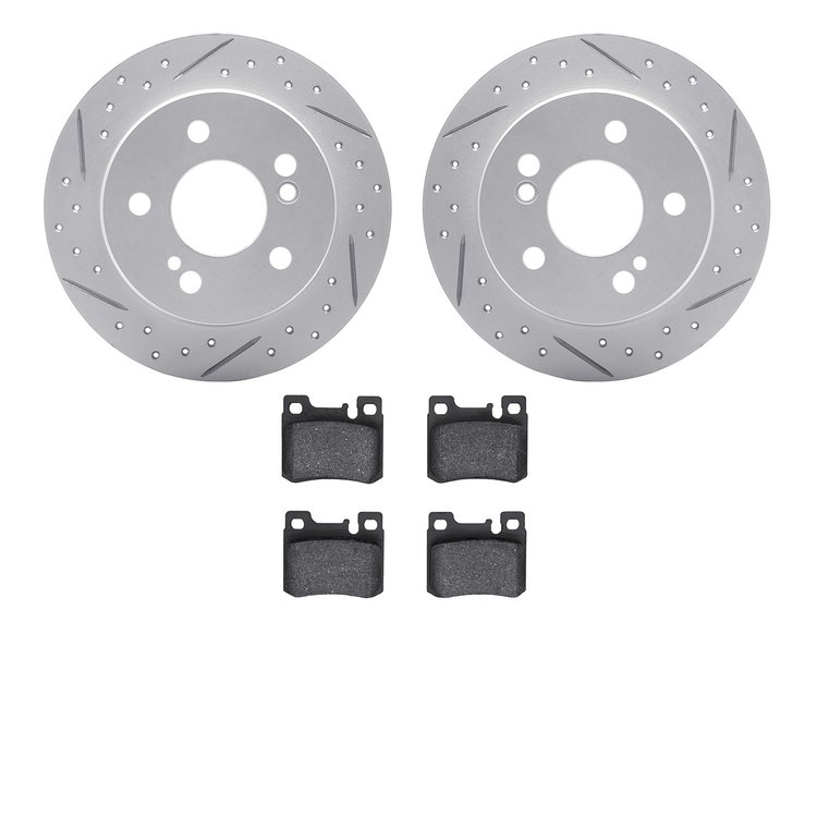 2602-63021 Geoperformance Drilled/Slotted Rotors w/5000 Euro Ceramic Brake Pads Kit, 1986-1993 Mercedes-Benz, Position: Rear