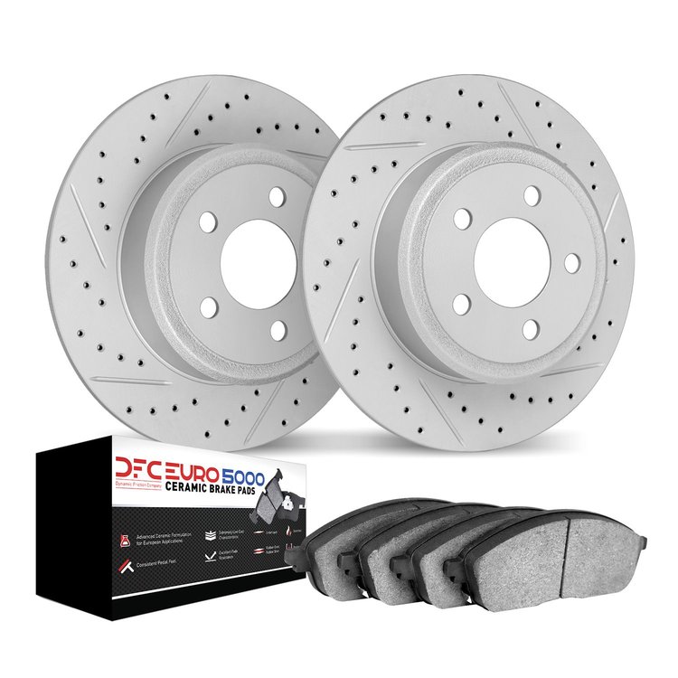 2602-65006 Geoperformance Drilled/Slotted Rotors w/5000 Euro Ceramic Brake Pads Kit, 1999-2010 GM, Position: Rear