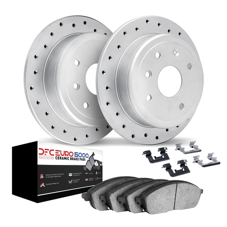2612-07000 Geoperformance Drilled Brake Rotors w/5000 Euro Ceramic Brake Pads Kit & Hardware, 2009-2019 Mopar, Position: Rear