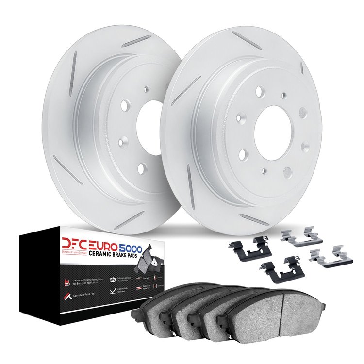 2612-32020 Geoperformance Slotted Brake Rotors w/5000 Euro Ceramic Brake Pads Kit & Hardware, 2009-2014 Mini, Position: Rear