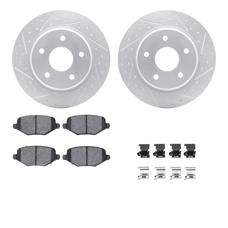 2612-40003 Geoperformance Drilled/Slotted Rotors w/5000 Euro Ceramic Brake Pads Kit & Hardware, 2012-2016 Mopar, Position: Rear